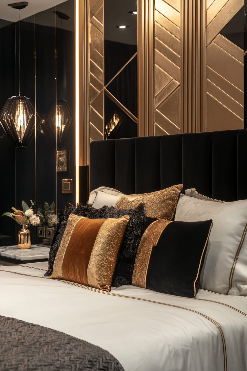 This image showcases a luxurious bedroom featuring rich gold accents. The bed is adorned with a variety of textured pillows, including gold and black, against crisp white sheets. The headboard is a plush black fabric, and the backdrop features an elegant gold geometric pattern. Two chic glass pendant lamps hang on either side of the bed, reflecting on mirrored panels, with a small bedside table holding a gold vase with flowers.