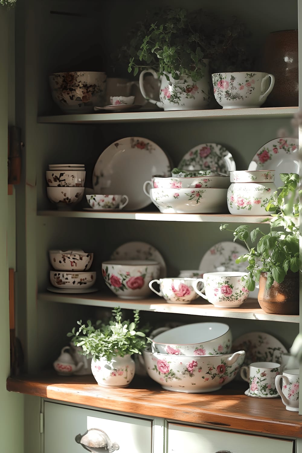 A vintage wooden hutch painted in a soft sage green color, adorned with an array of vintage floral dishware, stacked teacups, and little pots of fresh herbs. The sun plays delightfully upon the rustic shelving to highlight the elegant tea service.