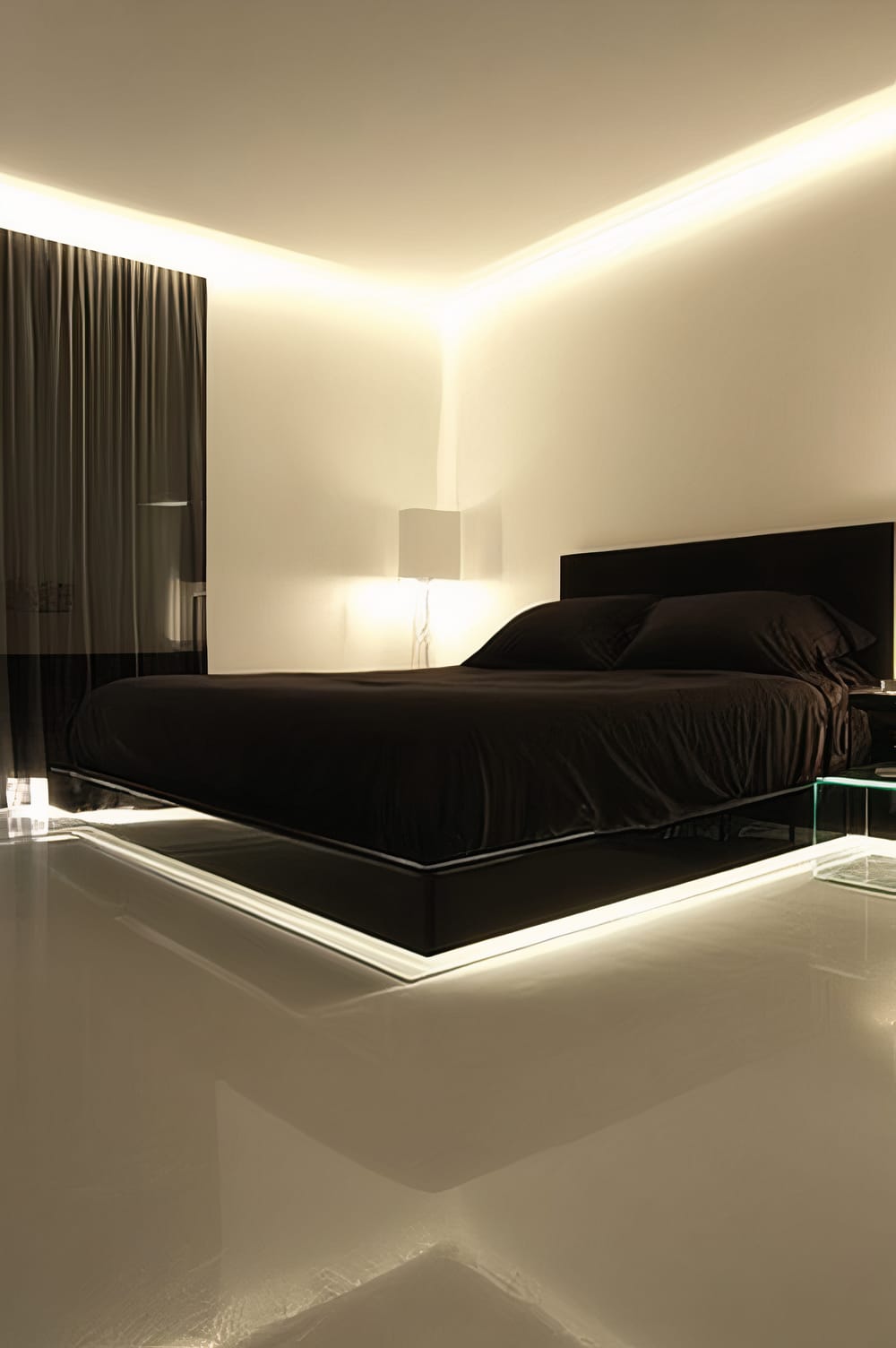 Modern minimalist bedroom with a sleek black bed, recessed LED lighting beneath it, crisp white walls, and a glass nightstand with a single modern lamp. A dark curtain on one side adds contrast.