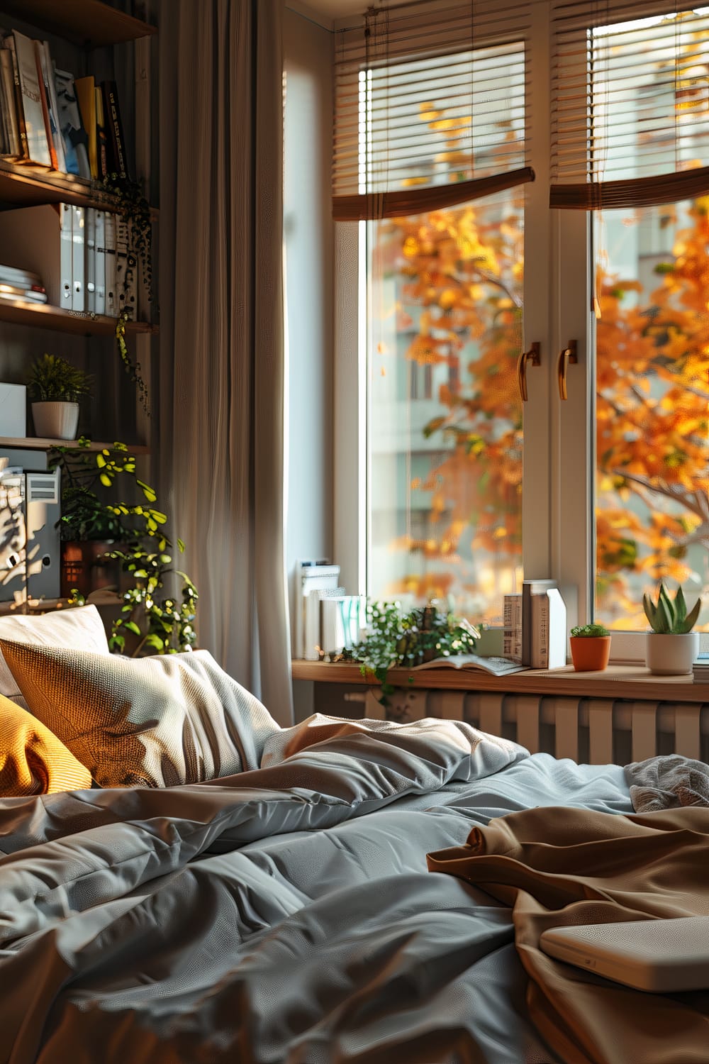 A bedroom scene with a neatly made bed featuring gray and beige bedding and pillows facing a window. The window has blinds allowing warm, natural light to filter through, highlighting the autumnal foliage outside. The room includes a well-stocked bookshelf and several potted plants, creating a cozy and inviting atmosphere.