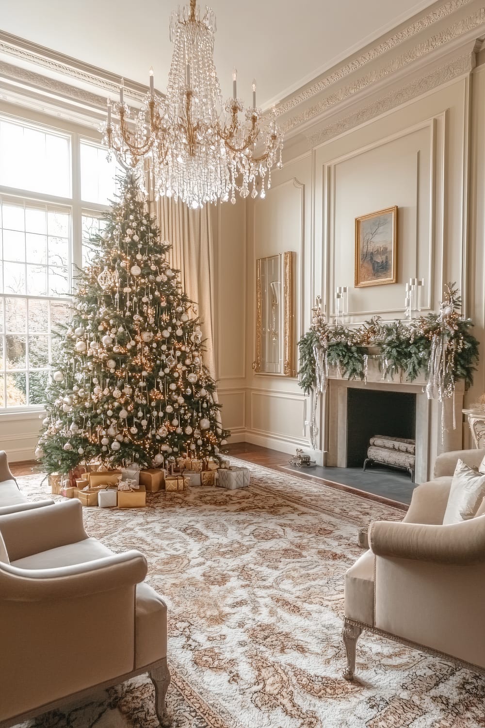 A traditional English manor living room featuring a large vintage Christmas tree adorned with pearl and gold decorations. The room includes plush armchairs in beige tones, an elegant chandelier hanging from the ceiling, and a fireplace decorated with greenery garlands and candles. The floors are covered with a patterned rug, and wrapped gifts are placed under the Christmas tree.