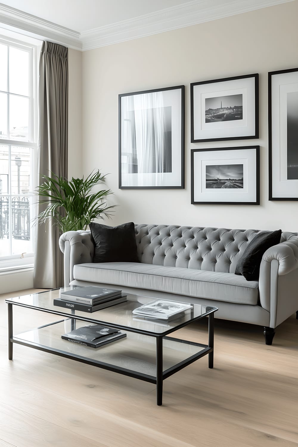 A sophisticated living area in a stylish Marylebone flat featuring a plush gray Chesterfield sofa, a sleek glass coffee table, black-and-white photography on the walls, light oak flooring, and large windows with minimalist drapes that flood the space with natural light.