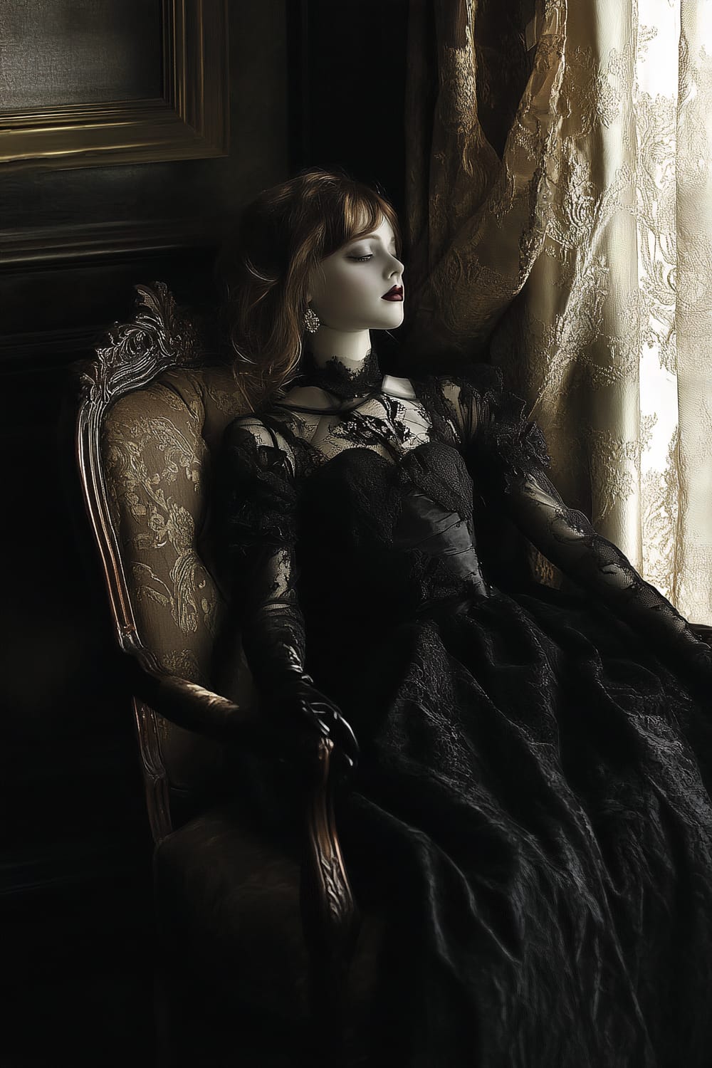 A close-up image of a porcelain doll dressed in an elegant black gown, seated gracefully on an ornate antique chair. The scene is set in a dimly lit corner of a grand room with dark velvet drapes and rich mahogany furniture. The doll's pale face and red lips are highlighted softly by a spotlight, creating a sophisticated and slightly eerie atmosphere.