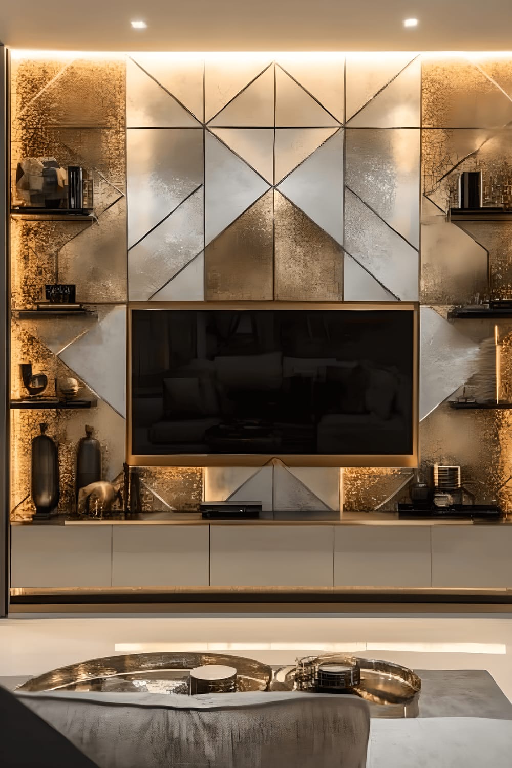 A luxurious TV wall showcasing geometric patterns with metallic accents in gold and silver. Suspended shelves hold a variety of chic decor elements. The lighting from art deco fixtures amplifies the elegance of the scene, balancing the glamour and simplicity of the surroundings.