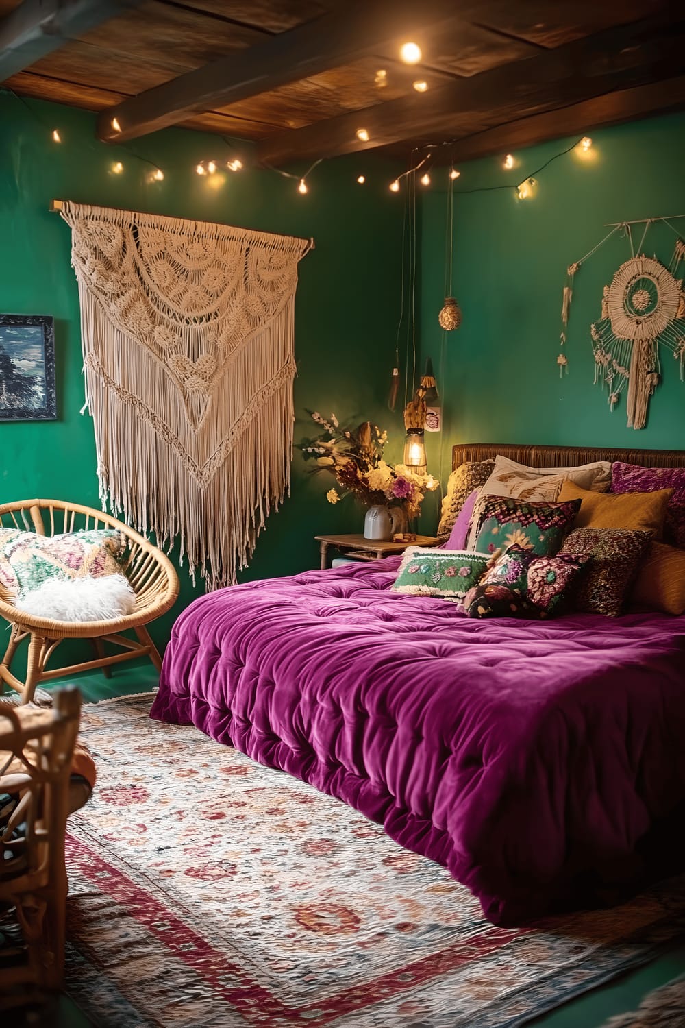 A bedroom featuring emerald green walls. The room is furnished with a large bed adorned with a purple velvet bedspread and multi-colored throw pillows. There are woven rattan chairs fitted with embroidered cushions, macramé wall hangings and string fairy lights adding warmth to the room.