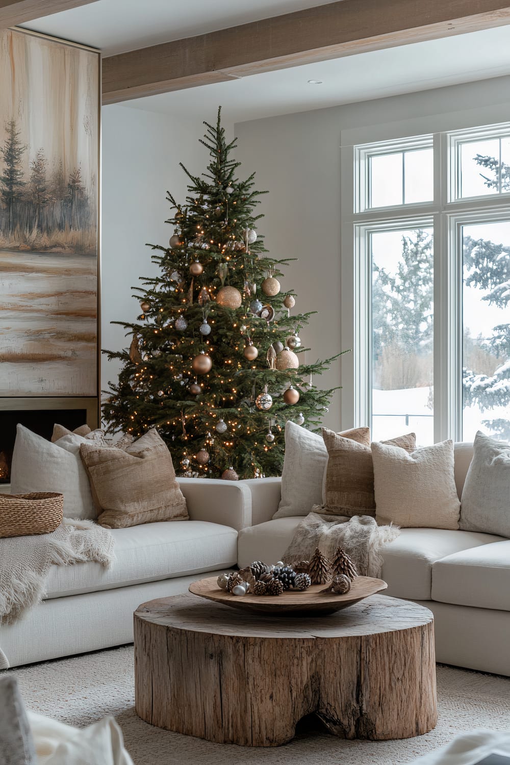 A festive living room is adorned with a beautifully decorated Christmas tree embellished with gold and silver ornaments and twinkling lights, standing next to a large window that offers a view of snow-covered trees outside. The room features a white sectional sofa filled with a variety of textured and neutral-toned throw pillows. A chunky, wooden coffee table is placed in front of the sofa, topped with a rustic wooden bowl containing decorative pinecones and Christmas ornaments. Warm and earthy elements blend seamlessly into the serene winter scene.