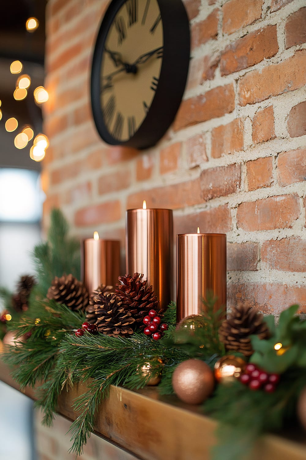 An industrial chic mantel decorated for Thanksgiving, featuring sleek steel candle holders with copper candles, minimalist wooden pinecones in deep red and golden hues, lush green garlands intertwined with rich fall berries, and warm Edison bulb string lights casting a cozy glow. The background showcases exposed brick walls and a vintage-inspired brass clock.