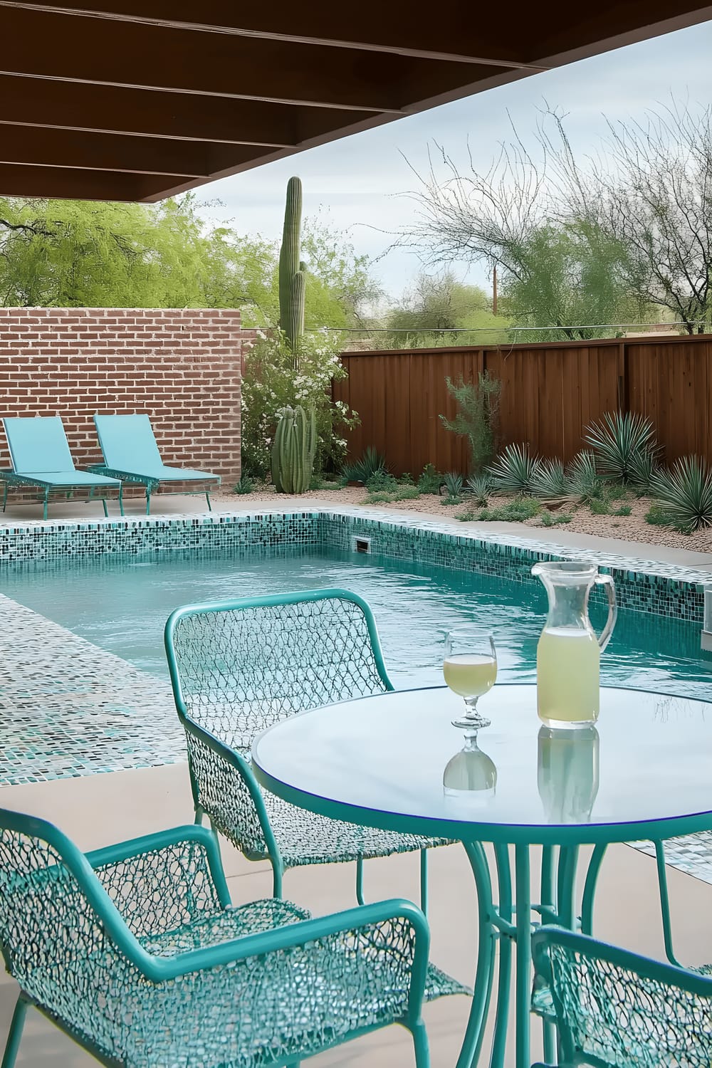 A modern backyard oasis featuring a sleek rectangular swimming pool with two submerged lounge chairs. The pool is lined with mosaic tiles and surrounded by brick pillars and wooden fencing. There's a turquoise-colored metal patio set with a glass-top table and matching chairs, beside which sits a pitcher of lemonade. The yard is garnished with lush green plants and desert vegetation for a serene ambiance.