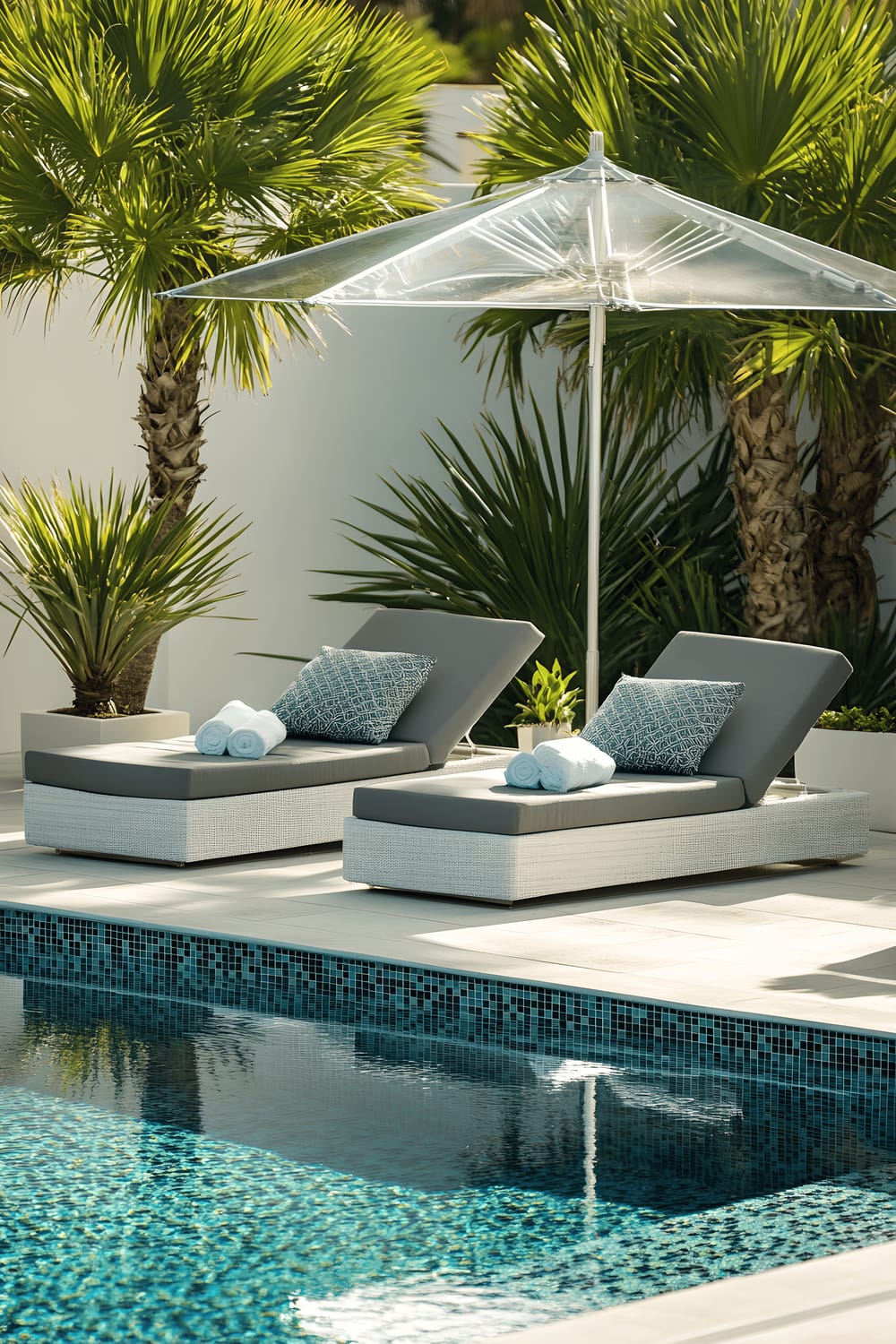 A contemporary pool area features sleek, low-seated lounge chairs in white with grey cushions, situated under transparent, retractable umbrellas. The pool itself is designed with sharp, geometric lines and features a mosaic tiled interior, filled with clear, inviting blue water. Around the pool, potted palm trees and minimalist planters offer a touch of greenery, all under a clear midday sky. The scene is captured from a slightly elevated angle.