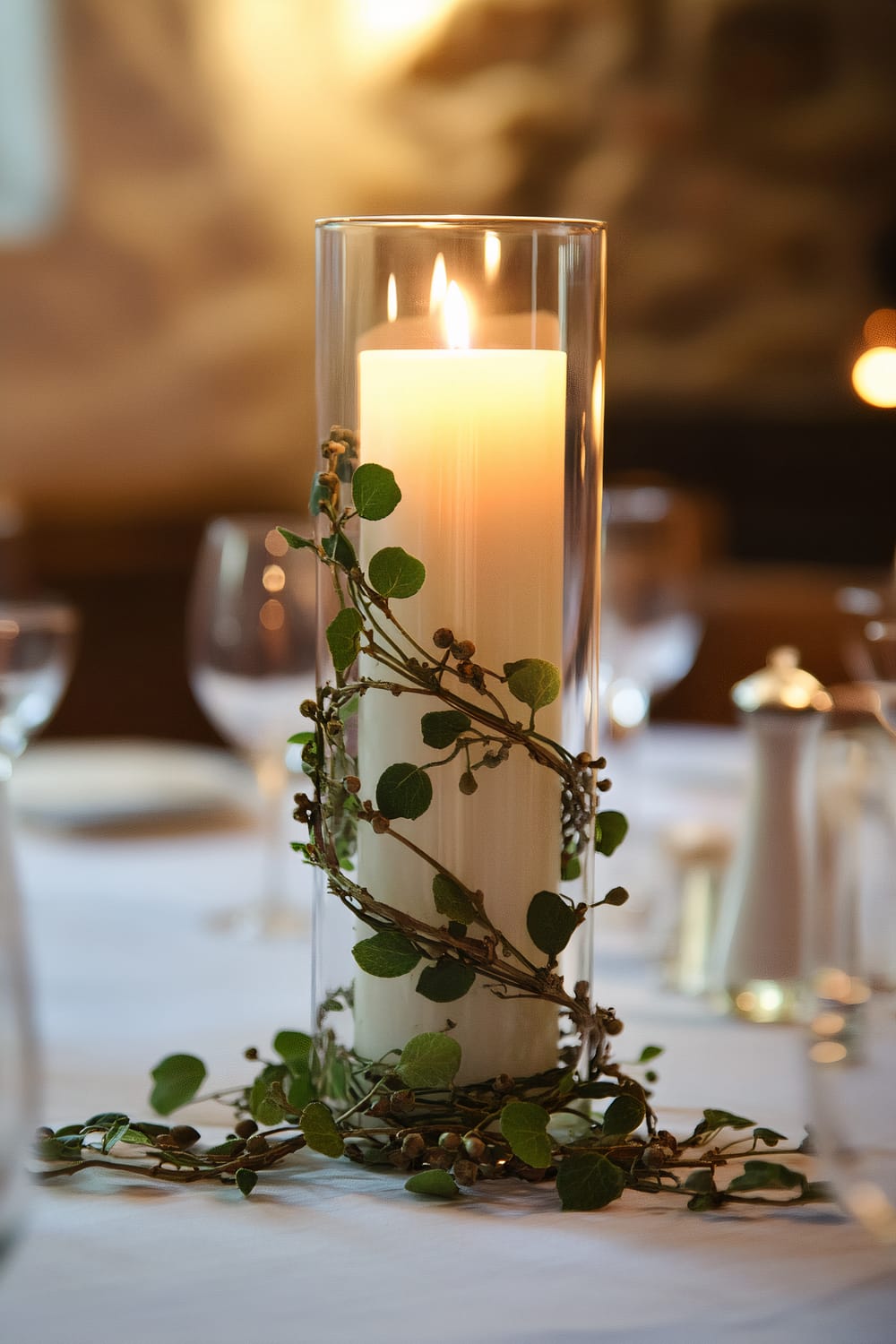 A tall glass candle holder is wrapped in fresh ivy and accented with tiny berries. The candlelight softly filters through the ivy, creating a simple and natural table setting. Surrounding the candle holder are wine glasses and tableware.