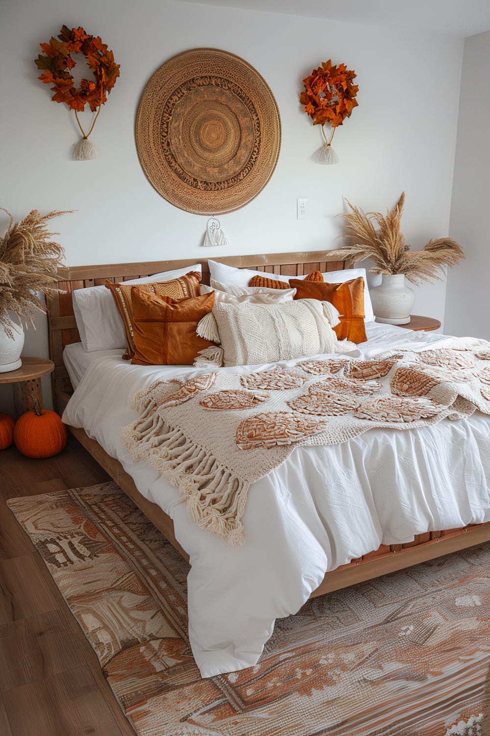 A cozy bedroom decorated for autumn, featuring a bed with white linens and a beige crocheted throw blanket with orange embellishments. There are orange and beige pillows arranged on the bed. On either side of the bed are round, white vases with dried pampas grass. Above the bed, the wall is decorated with two autumn wreaths and a large, round, woven wall hanging. Two pumpkins are placed on the floor next to the bedside tables, which also hold additional decorations, including more dried pampas grass.