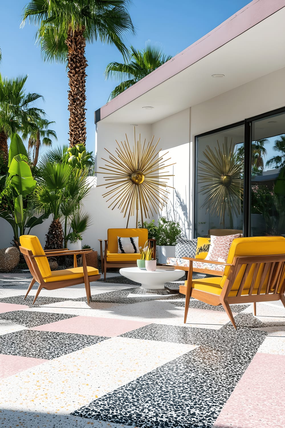 A vibrant patio area in a Mid-Century Modern style decorated with terrazzo flooring displaying bold patterns of black, white, and pastel pink. The space is furnished with sleek teak furniture with geometric shapes and colorful accent pillows in mustard yellow and avocado green. A sunburst metal sculpture creates a focal point in the center of the patio, accompanied by oversized potted palms adding a natural touch under bright daylight.