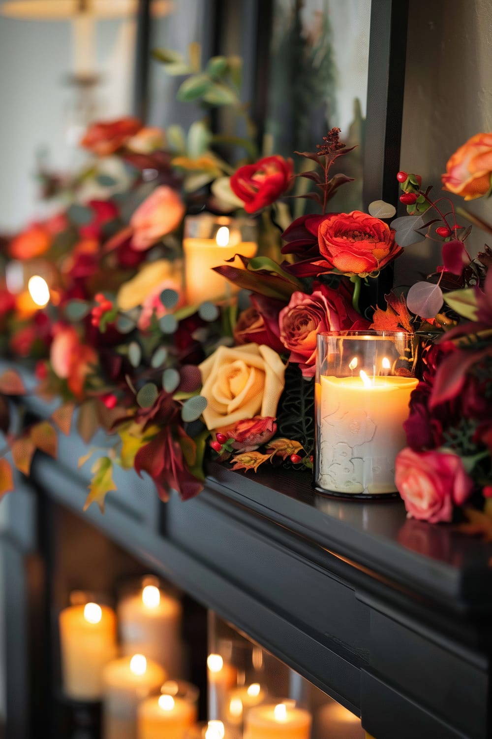 A dark wooden fireplace mantle adorned with an array of autumn-themed decorations. Vibrant flowers in shades of red, orange, and yellow, along with greenery and small berries, are arranged artistically across the mantle. Several candles in glass holders emit a warm, golden light, adding a cozy and inviting ambiance to the scene.