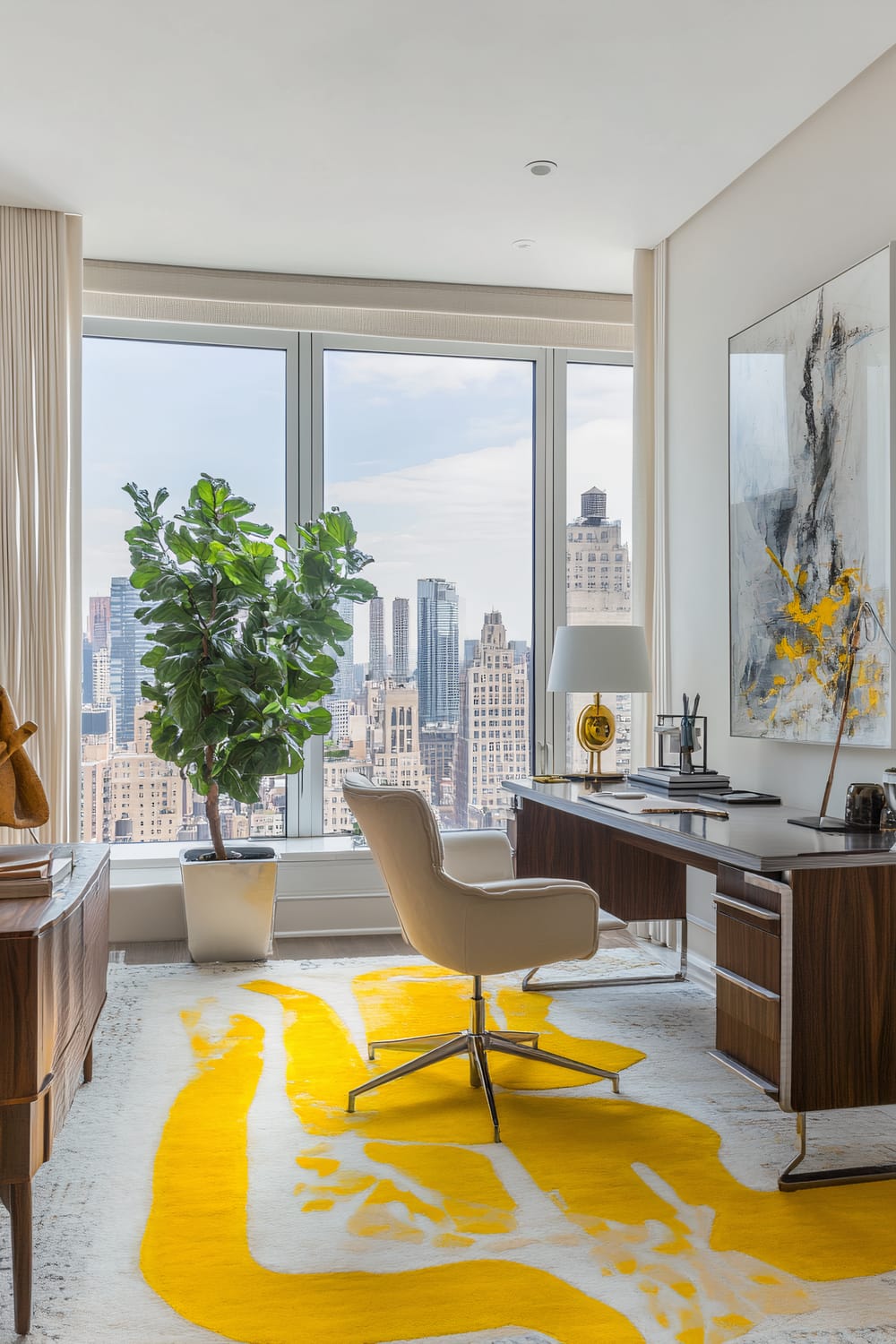 An elegant office space with large floor-to-ceiling windows offering a view of a city's skyline. The room features a modern desk with dark wood accents, a beige upholstered chair on wheels, a large potted plant next to the window, and a vibrant rug with yellow abstract patterns. There is a table lamp with a gold base and additional accessories on the desk, as well as abstract artwork on the wall.