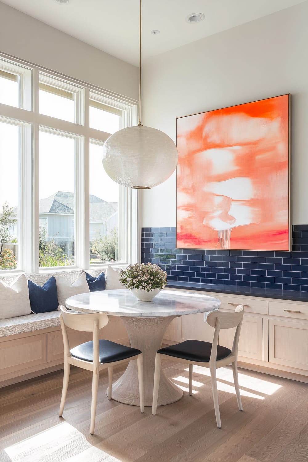 An inviting breakfast nook featuring a circular white marble table with two wooden chairs with black cushions. Built-in beige benches accented with blue and white pillows surround the table. A large, vibrant orange painting hangs on the wall with navy-blue subway tile backsplash. A large, spherical pendant light hangs over the table, and large windows with a view of the outside provide ample natural light.