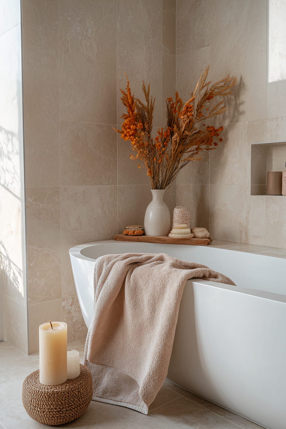 A serene bathroom interior featuring a freestanding white bathtub adorned with a beige towel draped over its side. On the edge of the bathtub, there's a wooden tray holding a white vase filled with dried orange and brown foliage, a loofah, and other bath accessories. The space is illuminated by soft natural light filtering in from the left, casting subtle shadows on the beige tiled walls. In the foreground, two lit candles, one large and one small, are placed on a woven wicker stool.