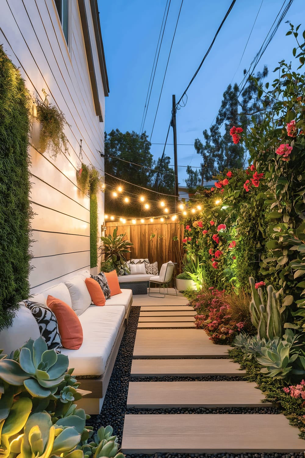 A serene backyard garden featuring a modern white wooden deck with built-in seating and cushions, surrounded by a vibrant array of succulents, ferns, and flowering plants arranged on vertical walls and along a stone stepping path. The space is softly lit by draped string lights, resulting in a tranquil and appealing atmosphere.