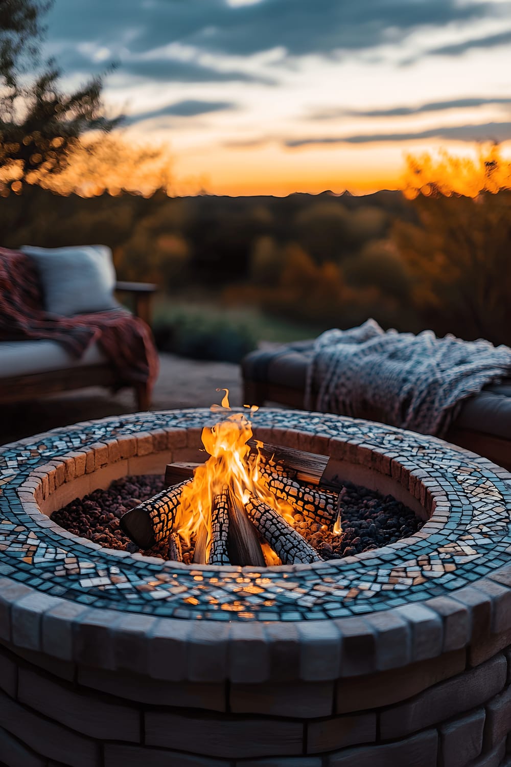 A backyard fire pit made of inlaid mosaic tiles, with warm lively flames in the evening. Cozy seating surrounding the fire pit covered with handwoven blankets, perfectly set under the twilight sky.