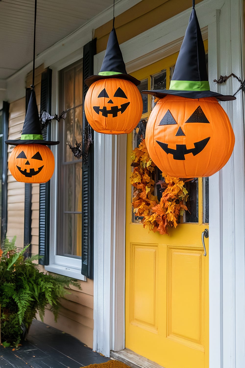 A porch decorated for Halloween featuring a bright yellow door with an autumn wreath made of orange and yellow leaves. Three jack-o'-lantern decorations wearing black witch hats with green bands are hanging in front of the door. The porch has a potted fern and the siding is tan with white trim around the windows and door.