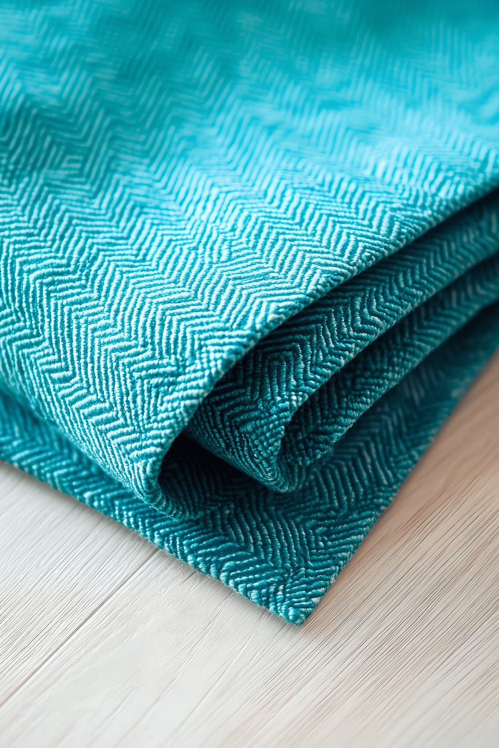 A close-up image of a vibrant turquoise yoga mat with a textured, non-slip surface and subtle geometric patterns. It's folded meticulously and resting on a light-colored wooden floor. The room is bathed in soft, warm natural light creating gentle shadows.