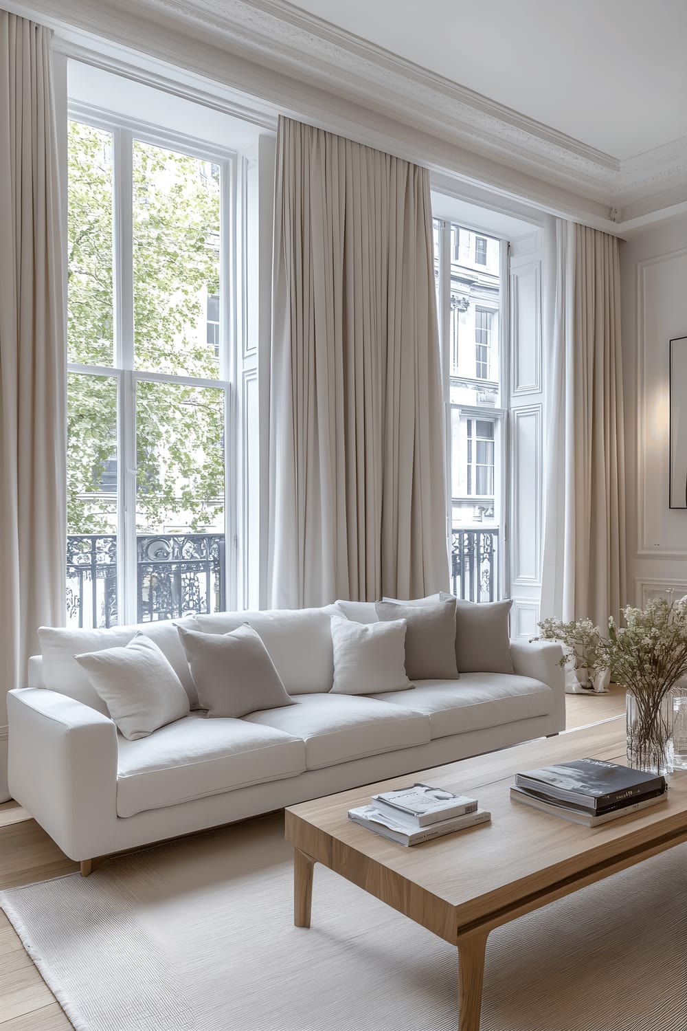 A minimalist living room in a refined Belgravia flat featuring a white sofa, a sleek wooden coffee table, and a light gray area rug. Large windows with sheer curtains fill the space with ample natural light, enhancing the room's serene and sophisticated atmosphere.