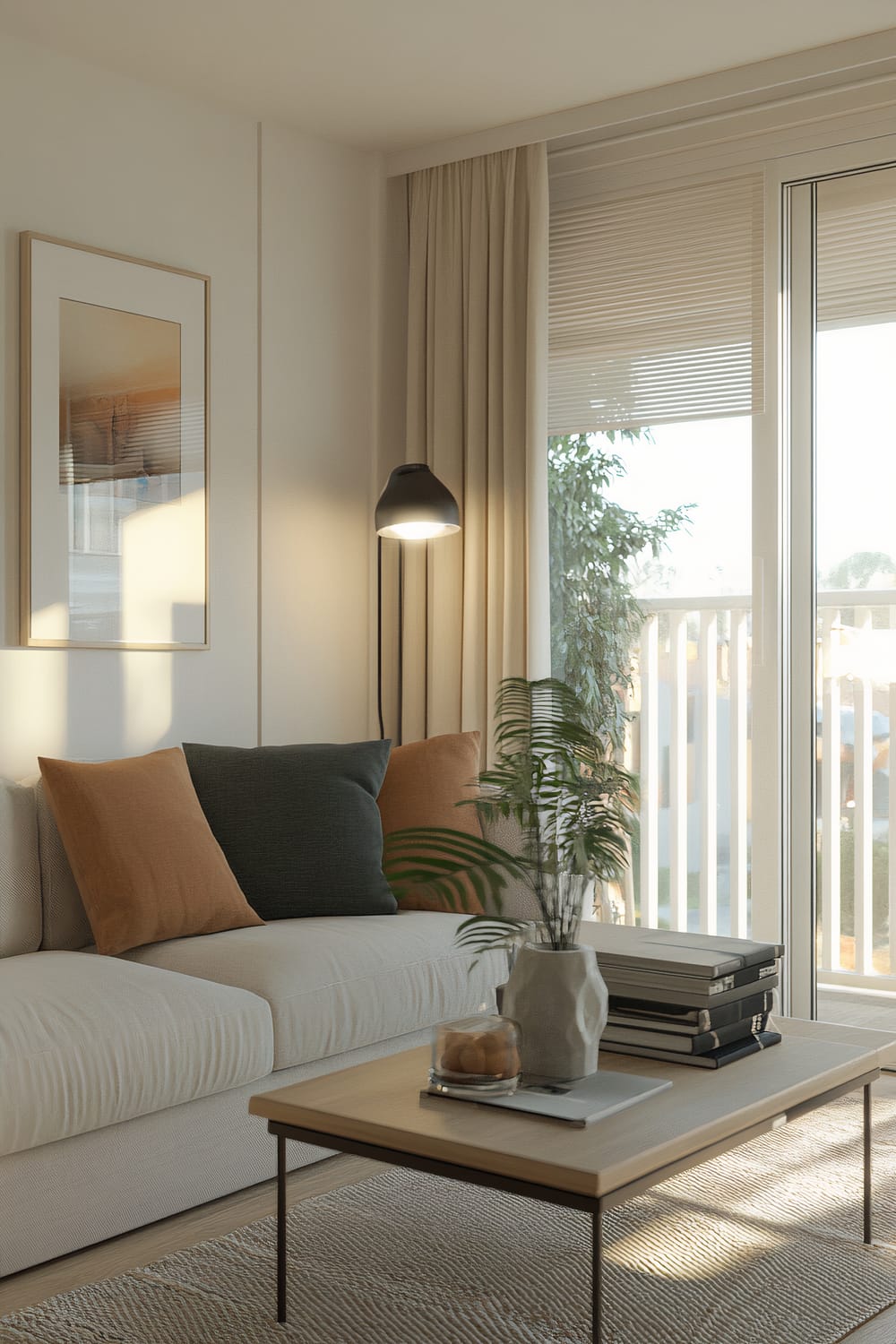 An apartment living room from a corner perspective featuring a loveseat with built-in storage, a minimalist coffee table with various items, and a stylish floor lamp. The room is well-lit by natural light, which enhances the spacious feel. The room also includes a potted plant on the coffee table and framed artwork on the wall behind the loveseat.