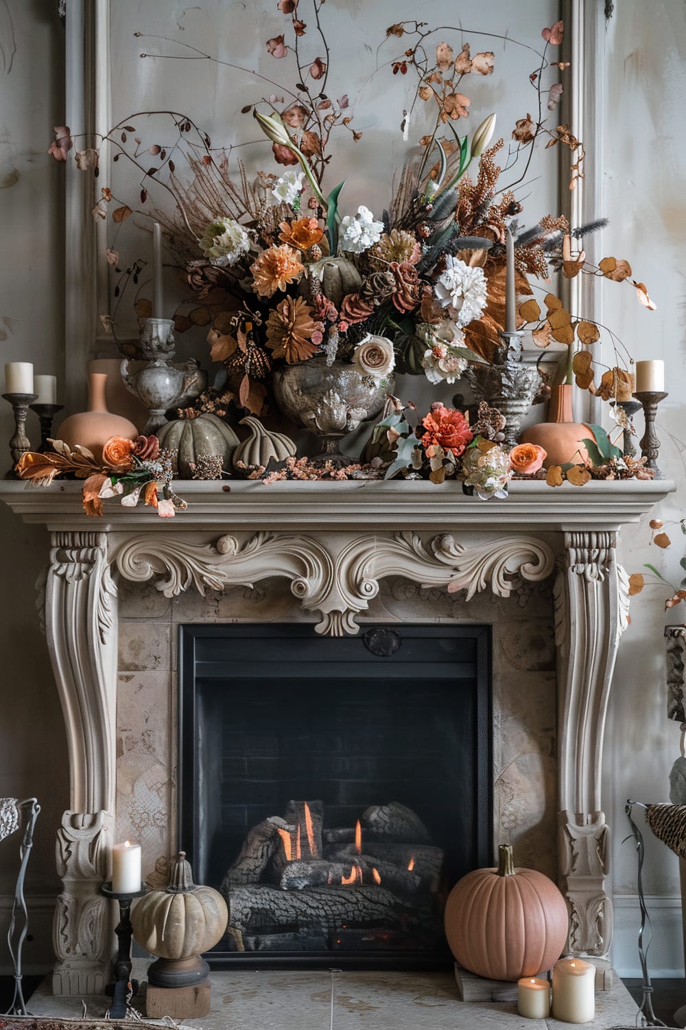 An opulent fireplace decorated with a bountiful autumn-themed floral arrangement and pumpkins. The fireplace features intricate carvings and a burning fire. Surrounding the floral arrangement are candles, vases, and various seasonal decor items enhancing the warm and luxurious atmosphere.