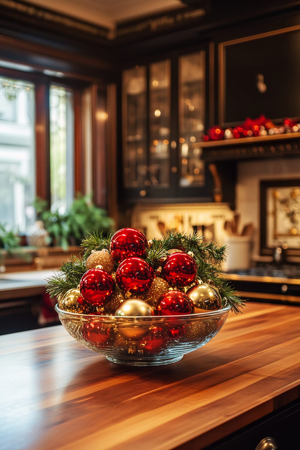 A Victorian-style kitchen with dark cabinetry and a wooden countertop is adorned with a large glass bowl filled with red and gold ornaments, accented with sprigs of greenery. Natural light streams in from a window, illuminating the space and creating reflections on the shiny ornaments.