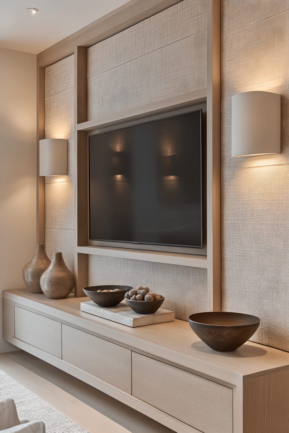 A warm and sophisticated television wall in soft beige and taupe tones with natural linen fabric panels adding texture. Light oak wood shelving holds understated decor like ceramic bowls and neutral-toned candles. Wall sconces emit a warm, inviting light.