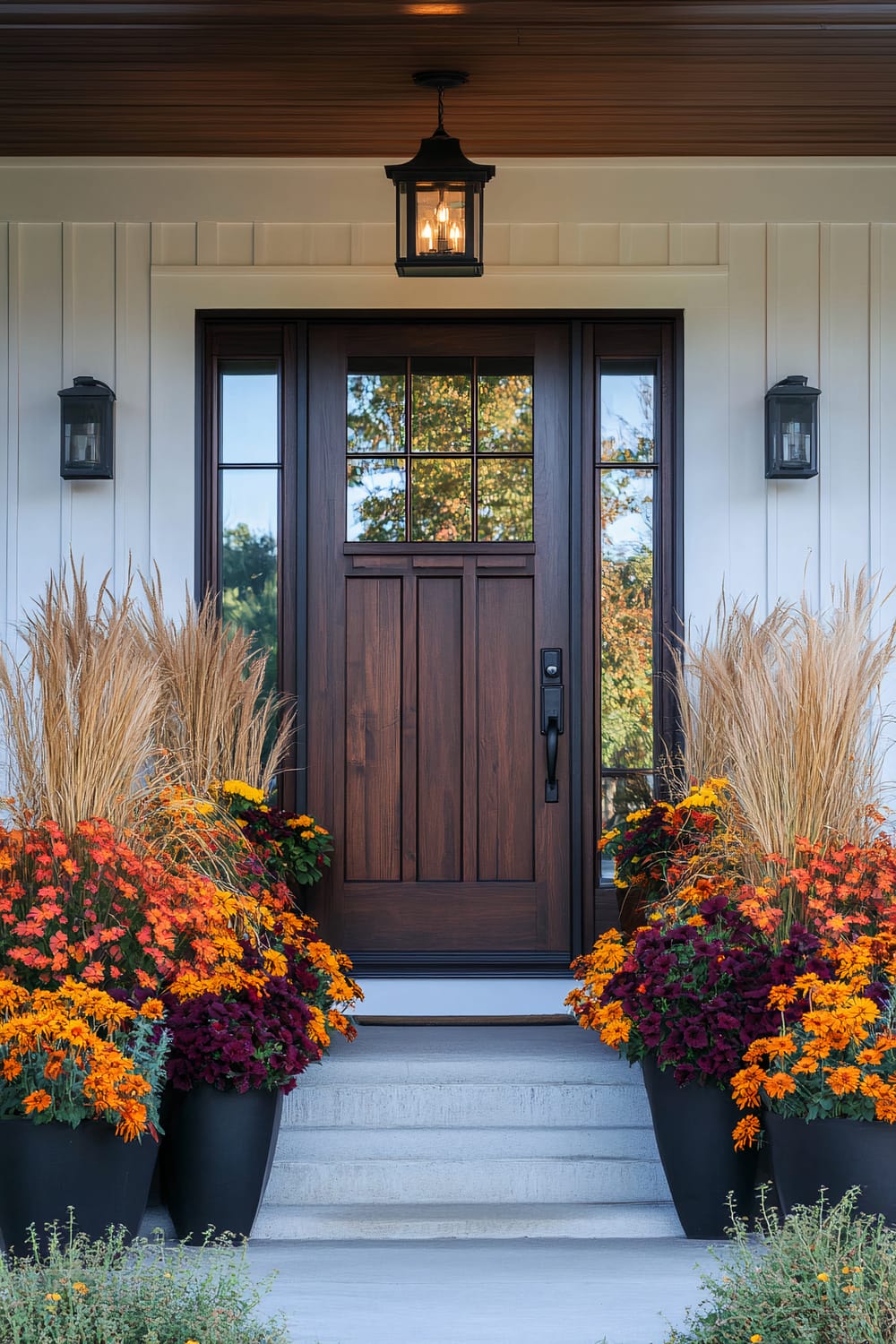 A wooden front door framed by vertical white siding. The door has six small glass panes at the top and is flanked by sidelights with similar glass panes. Two black lantern-style light fixtures are mounted on the white siding on either side of the doorway, and a matching hanging lantern light is above the door. Vibrant potted plants in black containers, including orange and yellow chrysanthemums, purple flowers, and ornamental grasses, decorate the entrance on either side of the front steps.