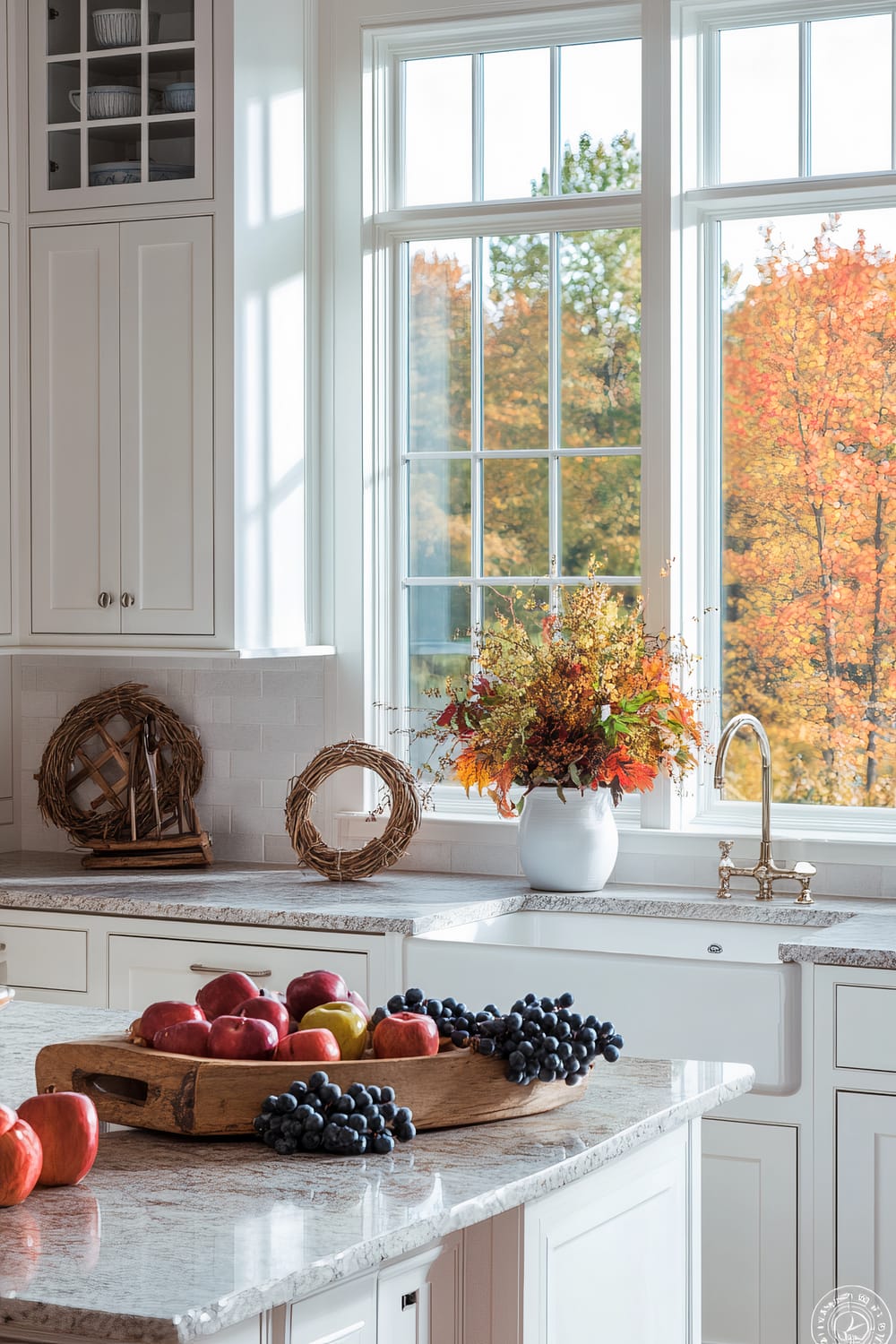 A bright, pristine kitchen bathed in natural light showcases a scenic autumn landscape through large, grid-patterned windows. The creamy-white cabinetry perfectly complements the generously sized farmhouse sink, which features a polished chrome faucet. An arrangement of vibrant fall flowers in a white vase adds a pop of color atop the counter, accompanied by rustic wicker decor in the background. A wooden tray laden with red apples and dark grapes sits prominently on the speckled granite island countertop, enhancing the kitchen's seasonal charm.