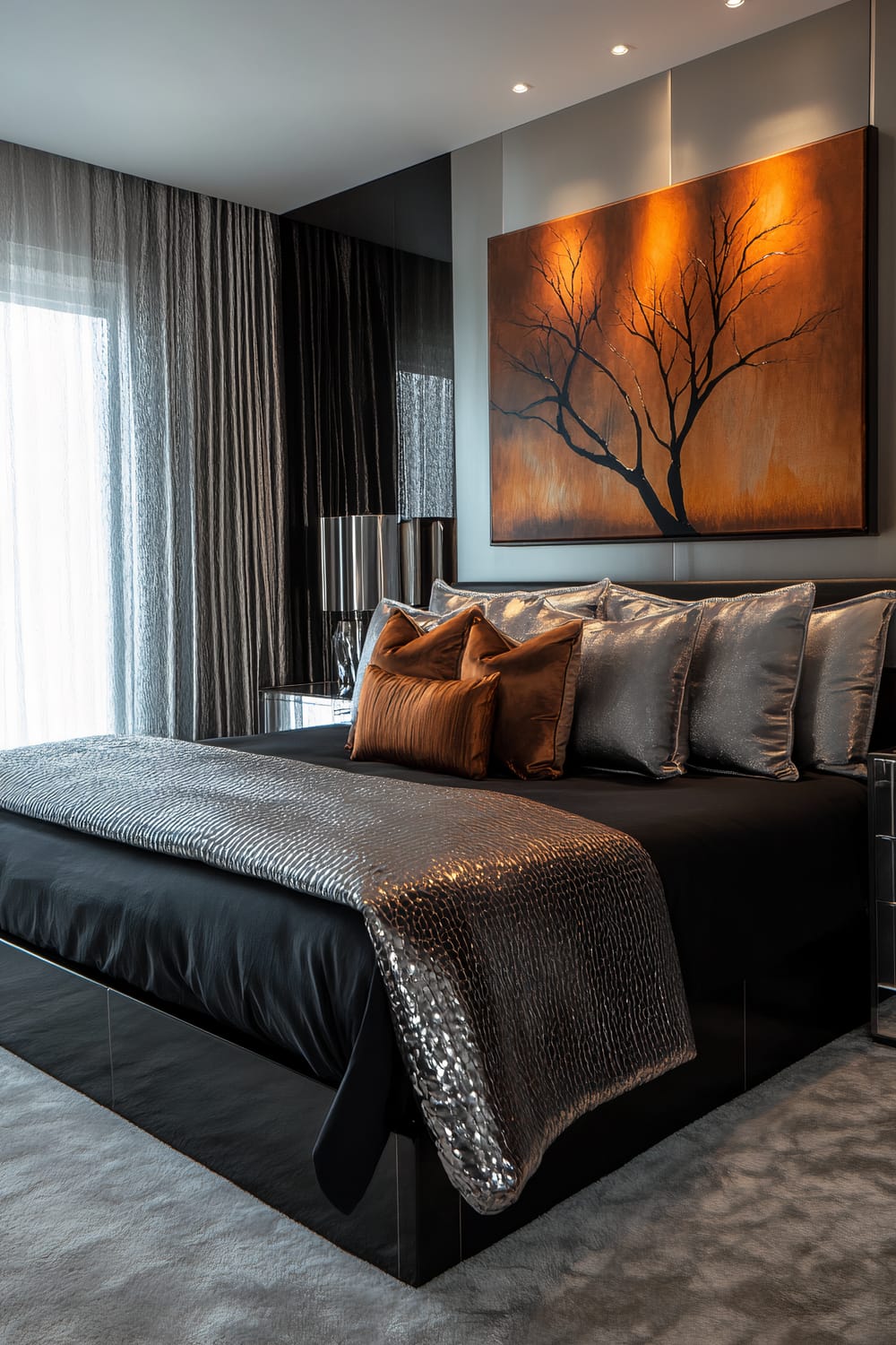 A modern bedroom featuring a sleek black bed adorned with metallic silver pillows and a matching textured throw. The room is accentuated by a large, vibrant artwork depicting a bare tree silhouette against a warm, glowing background. Metallic cylindrical lamps flank the bed, and sheer, floor-to-ceiling curtains filter soft light into the room. The overall color palette includes shades of black, grey, silver, and touches of burnt orange from the painting and a decorative pillow.