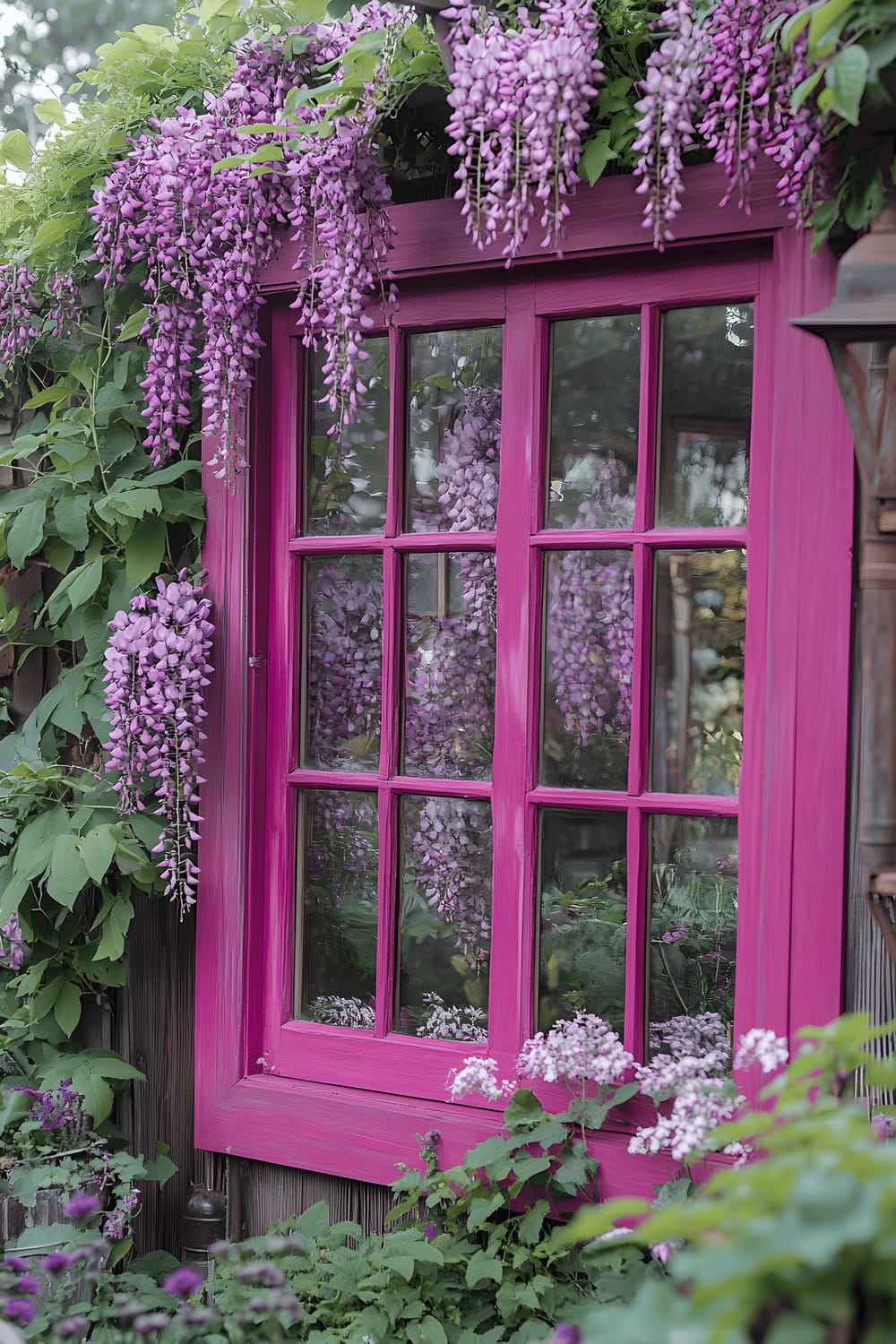 A garden scene featuring a repurposed deep magenta window frame, turned into a garden trellis adorned with cascading ivy and blooming wisteria.