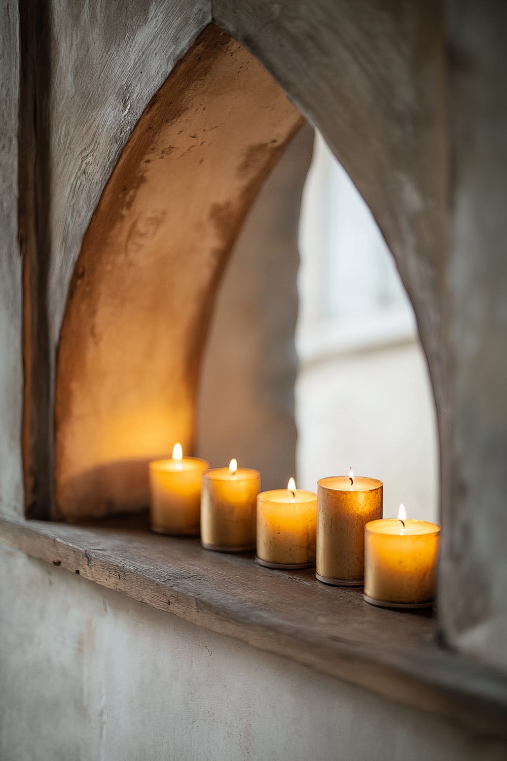 Five lit candles placed on a rustic wooden shelf inside an arched niche, emitting a warm, soft glow.