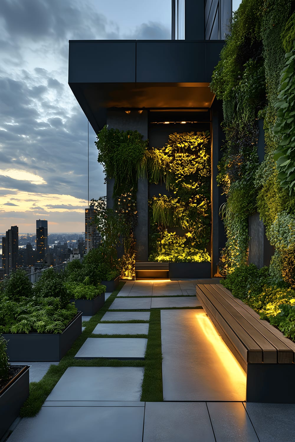 An ultra-modern rooftop garden at twilight featuring sleek steel planters brimming with lush plant life, a long wooden bench with integrated LED lighting, minimalist concrete stepping stones, and a vertical garden wall full of verdant ferns and trailing pothos. The moody ambience created by dimmed lighting contrasts beautifully with the distant city skyline.