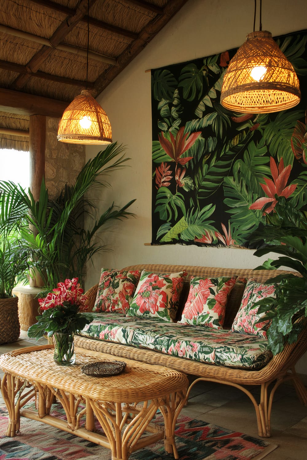 A tropical-themed pole barn loft featuring a rattan sofa with floral cushions, a bamboo coffee table, two tropical plants, a large woven tapestry with lush green and vibrant floral patterns, and two pendant lights with leaf patterns. The setting is characterized by bold colors and strong natural lighting.