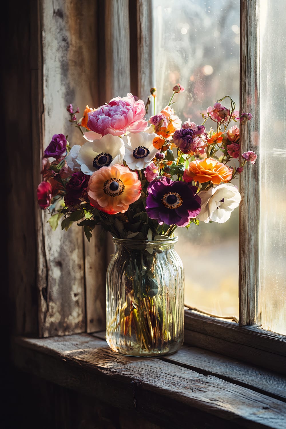 A bouquet of colorful flowers arranged in a clear glass vase sits on a rustic wooden windowsill. The flowers include pink peonies, white anemones with dark centers, and various other blooms in shades of orange, purple, and white. The window behind the vase allows sunlight to filter through, illuminating the vibrant flowers and casting a gentle light on the wooden surface.