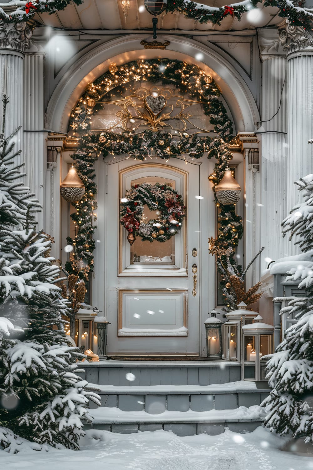 A beautifully decorated front door adorned with festive Christmas decorations, including a wreath, garlands, and string lights. The door is set within an ornate arched entrance frame, flanked by two columns and framed by snow-covered evergreen trees. Candle lanterns and golden ornaments enhance the Christmas charm.