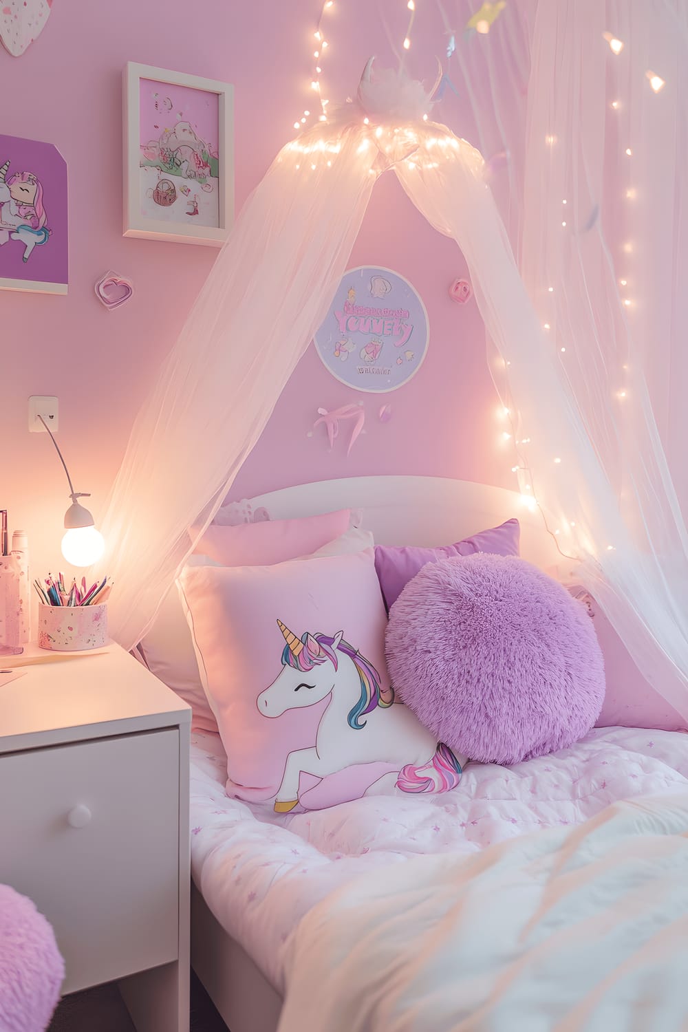 An adorable bedroom in Tokyo featuring pastel pink and lavender walls. In the middle stands a white canopy bed adorned with plush unicorn pillows. Walls are decorated with colorful decals of cute characters and there's a small desk filled with pastel stationery. Wrapped around the room are soft fairy lights, creating a whimsical ambiance.