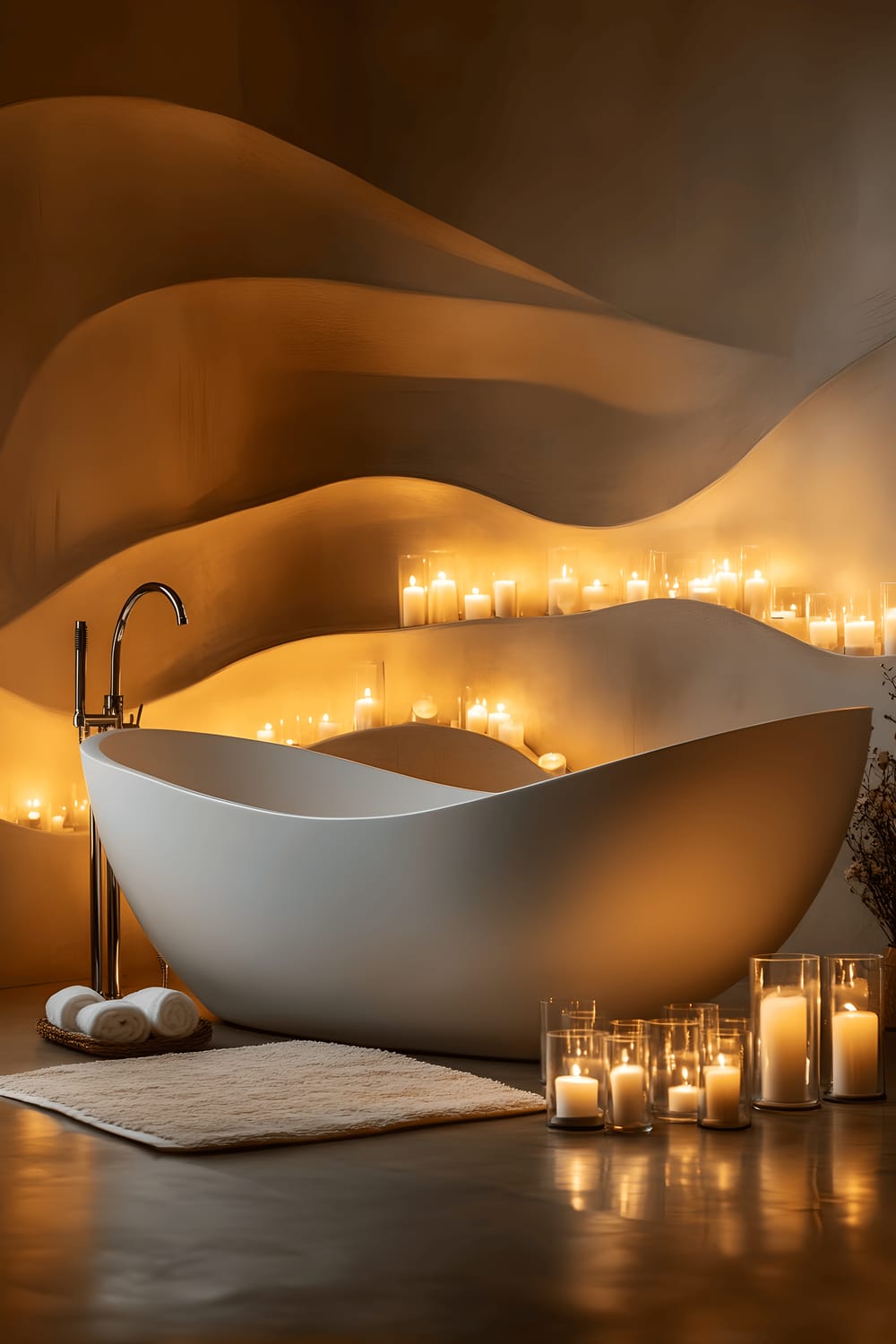 A romantic bathroom bathed in soft amber light, featuring a freestanding bathtub surrounded by an assortment of lit candles and a plush towel casually draped on the side. Two sinks with large mirrors are located on the wall across the tub.