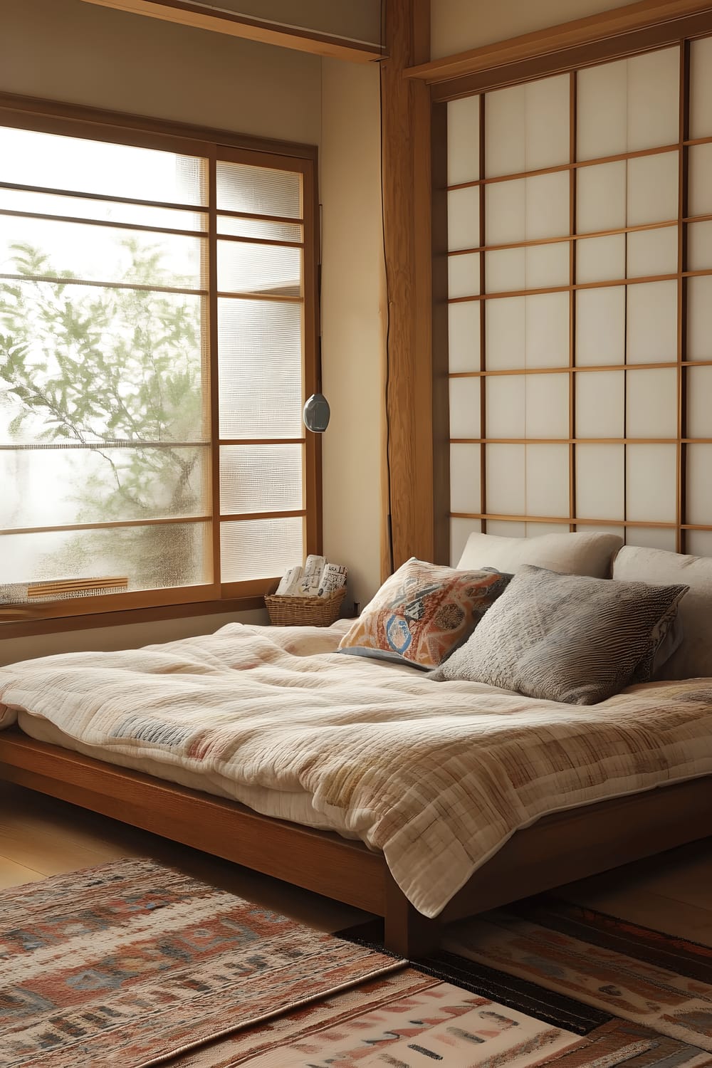 A small Tokyo bedroom showcasing a low wooden bed adorned with soft pastel bedding against a feature wall with a subtle geometric pattern. The room is filled with different layers of textiles producing a rich array of patterns from various rugs, cushions, and throw blankets. A large window allows plenty of natural light, while a stylish tall floor lamp provides additional softened lighting.