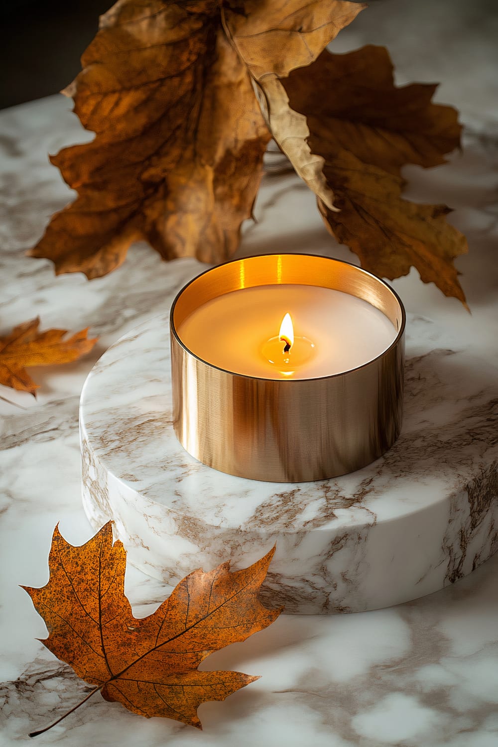 A gold-finished candle holder with a lit wick sits atop a polished, white marble base with brown veining. Surrounding the candle holder are a few scattered autumn leaves, adding a seasonal touch to the scene. The lighting accentuates the marble's texture and the metallic sheen of the candle holder.