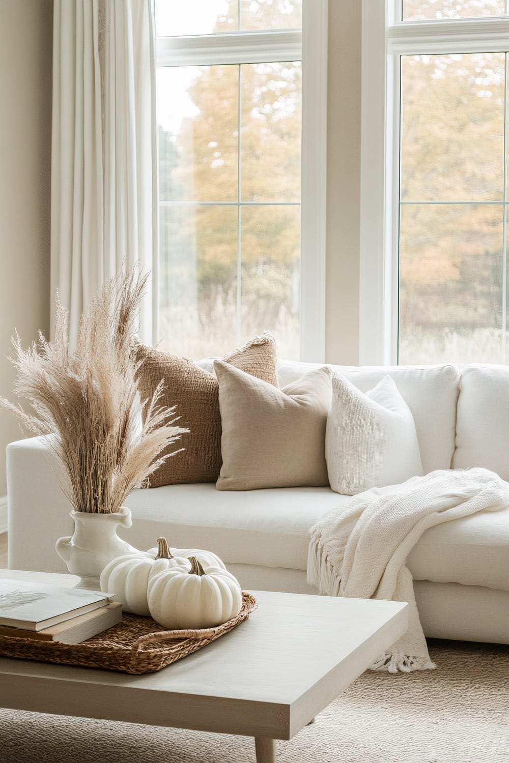 A serene living room featuring a cream-colored sofa adorned with neutral throw pillows and a light blanket. In the foreground, there is a light wooden coffee table decorated with a woven tray containing two white pumpkins, some books, and a ceramic vase with dried pampas grass. Large windows with white frames let in natural light and provide a view of autumn foliage outside.