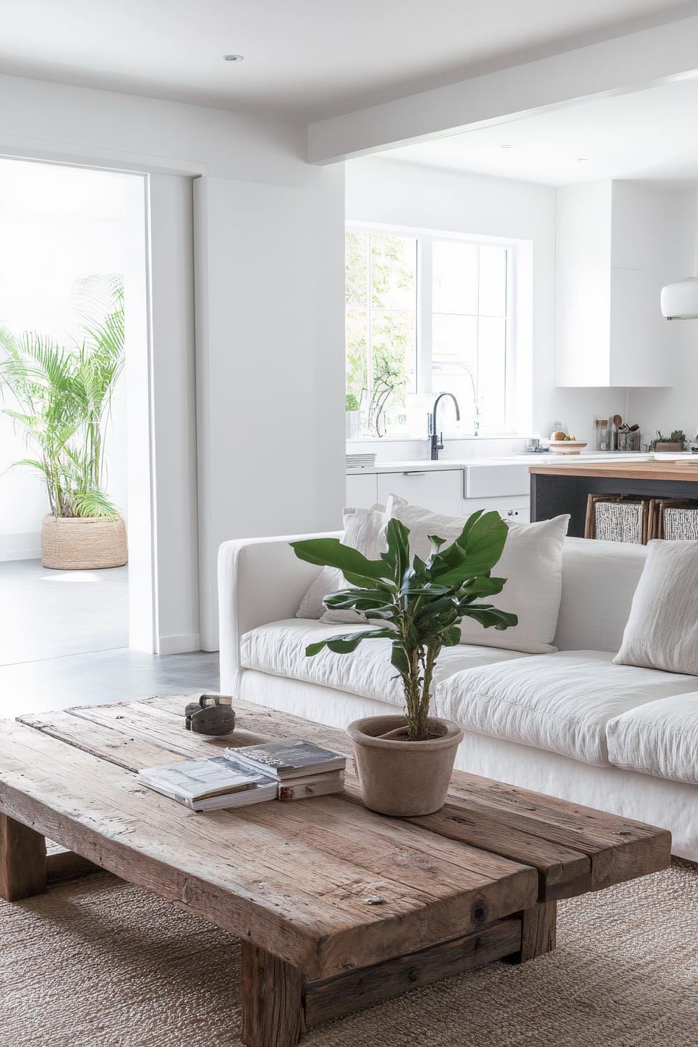 A serene living room features a rustic wooden coffee table topped with books and a potted plant, facing a white, cushioned sofa. Beyond the living area, a clean, bright kitchen is visible. A large plant in a woven basket is beside a wide doorway, adding a touch of nature to the predominantly white space, which is illuminated by natural light streaming through a large window.