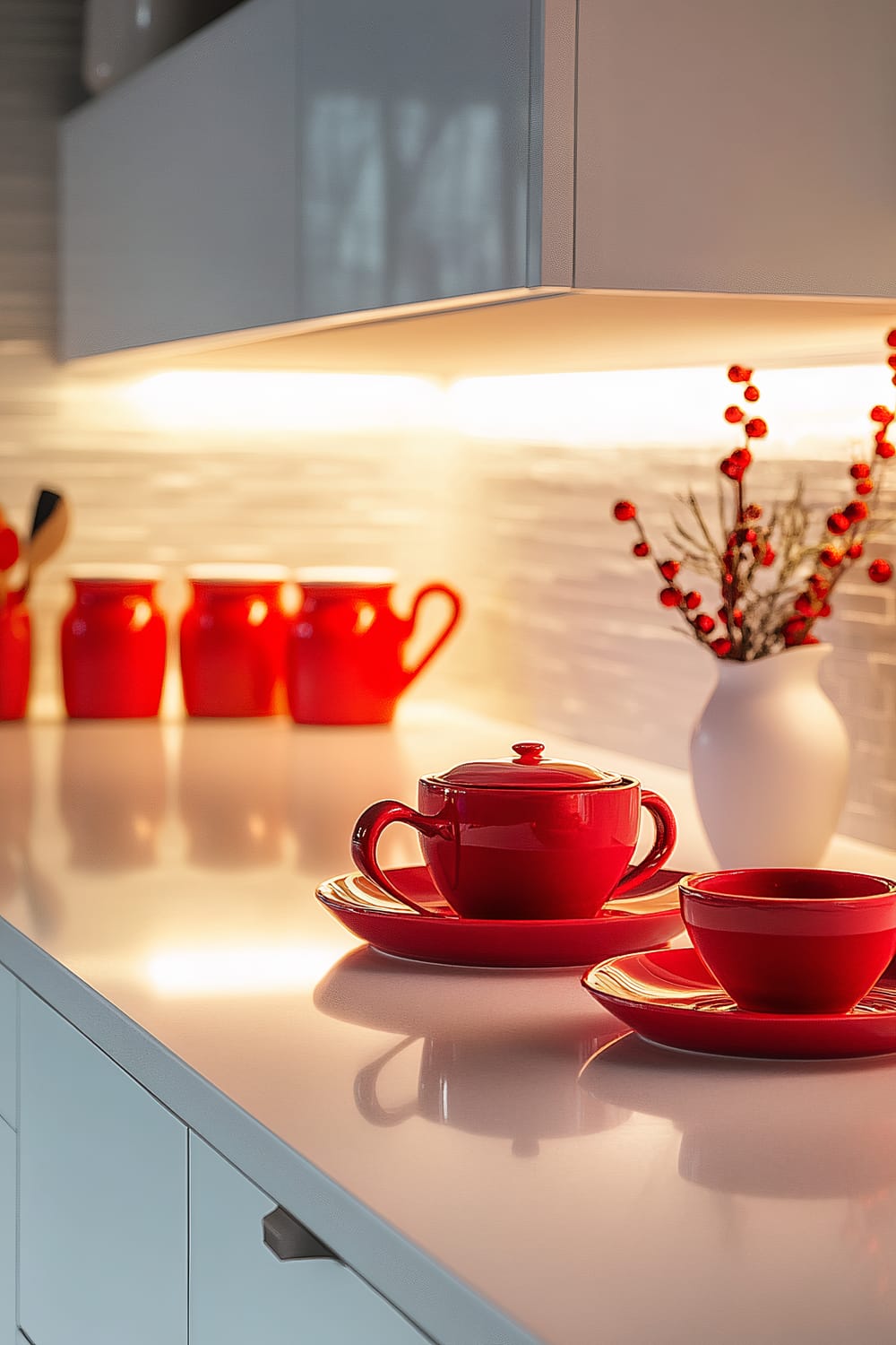 An elegant modern kitchen countertop features red ceramic coffee mugs, a teapot with a matching teacup and saucer set, and a white vase with red berry branches as decoration. The countertop is illuminated by subtly glowing under-cabinet lighting, creating a warm and inviting ambiance.