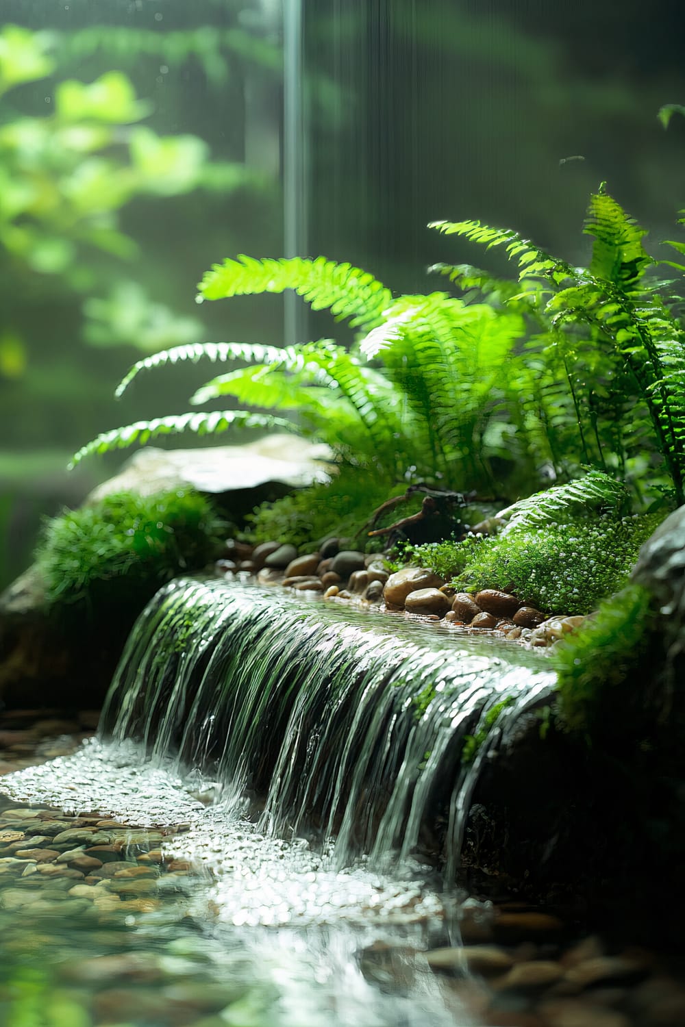 Close-up of a small indoor waterfall with lush green ferns and moss surrounding it. Smooth pebbles are visible at the top of the waterfall. The background is slightly blurred, emphasizing the focus on the water and plants.