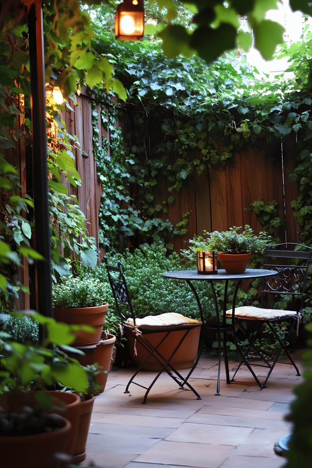 A serene urban garden featuring a cluster of terracotta pots laden with green foliage, a small circular bistro table paired with two wrought iron chairs, and a wooden fence densely smothered with climbing ivy. Soft lantern lights pepper the space, casting a gentle, subdued glow and heightening the sense of tranquillity inherent in the scene.