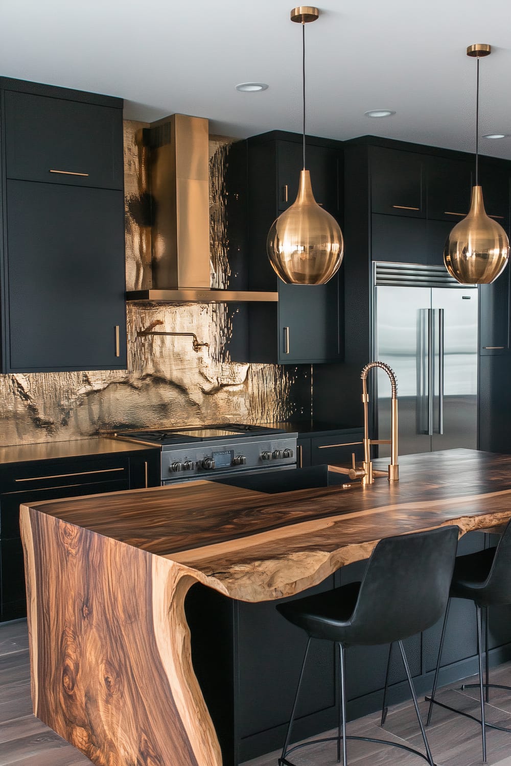 A luxurious modern kitchen showcases a striking design with black cabinetry, a large wooden island with a raw edge, and metallic gold accents. The island features a natural, unfinished wooden top with rich grains and textures. Prominent gold elements include two pendant lights hanging above the island, a unique backsplash, and a sleek kitchen hood. The appliances, including a double-door refrigerator, are stainless steel, complementing the sophisticated palette.