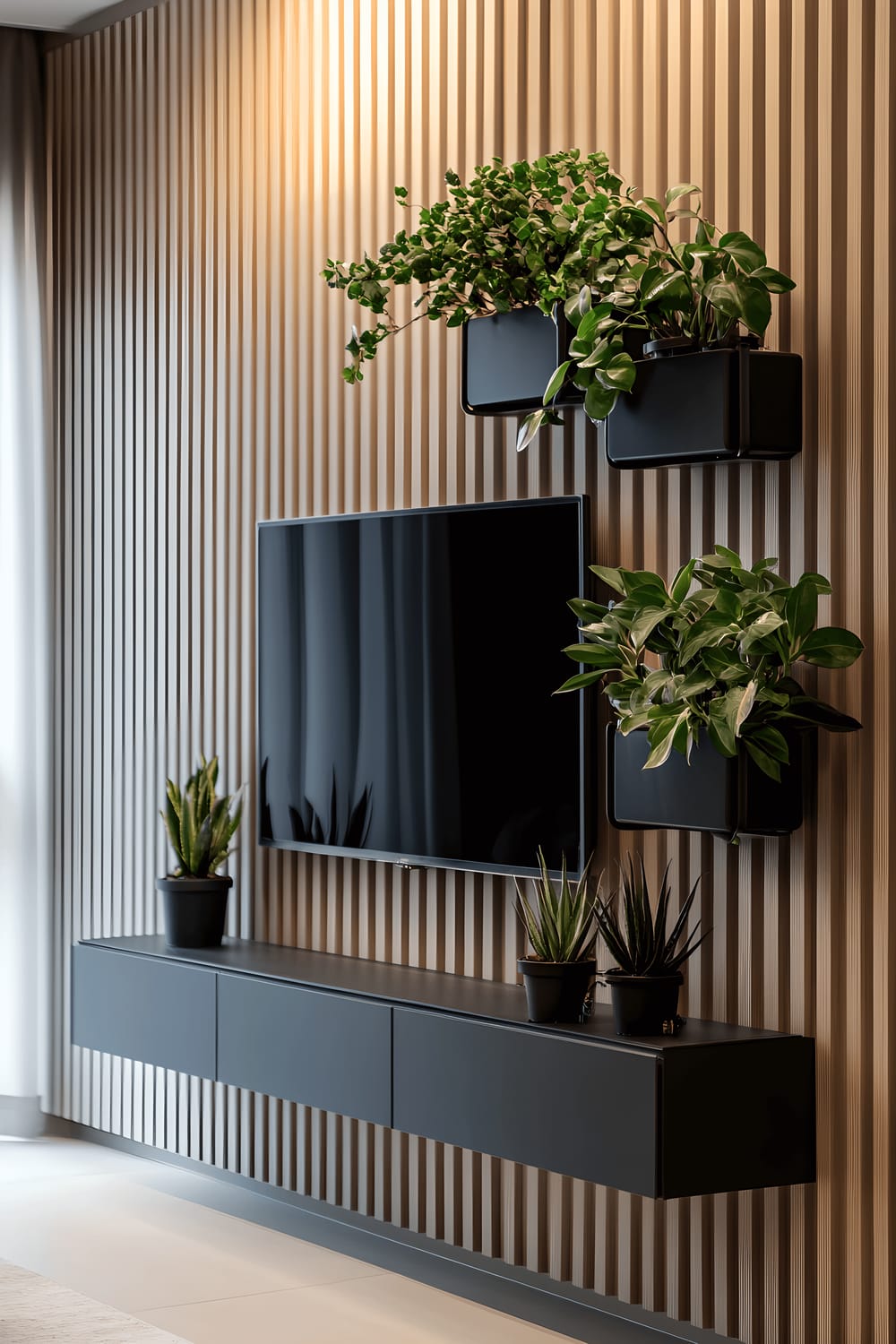 A TV wall featuring slim, floating vertical wooden slats in matte white laid over a soft taupe background. The slats are sporadically embellished with small black metal planters, each holding a succulent plant. The gentle ambient lighting enhances the calm and peaceful atmosphere of the room.