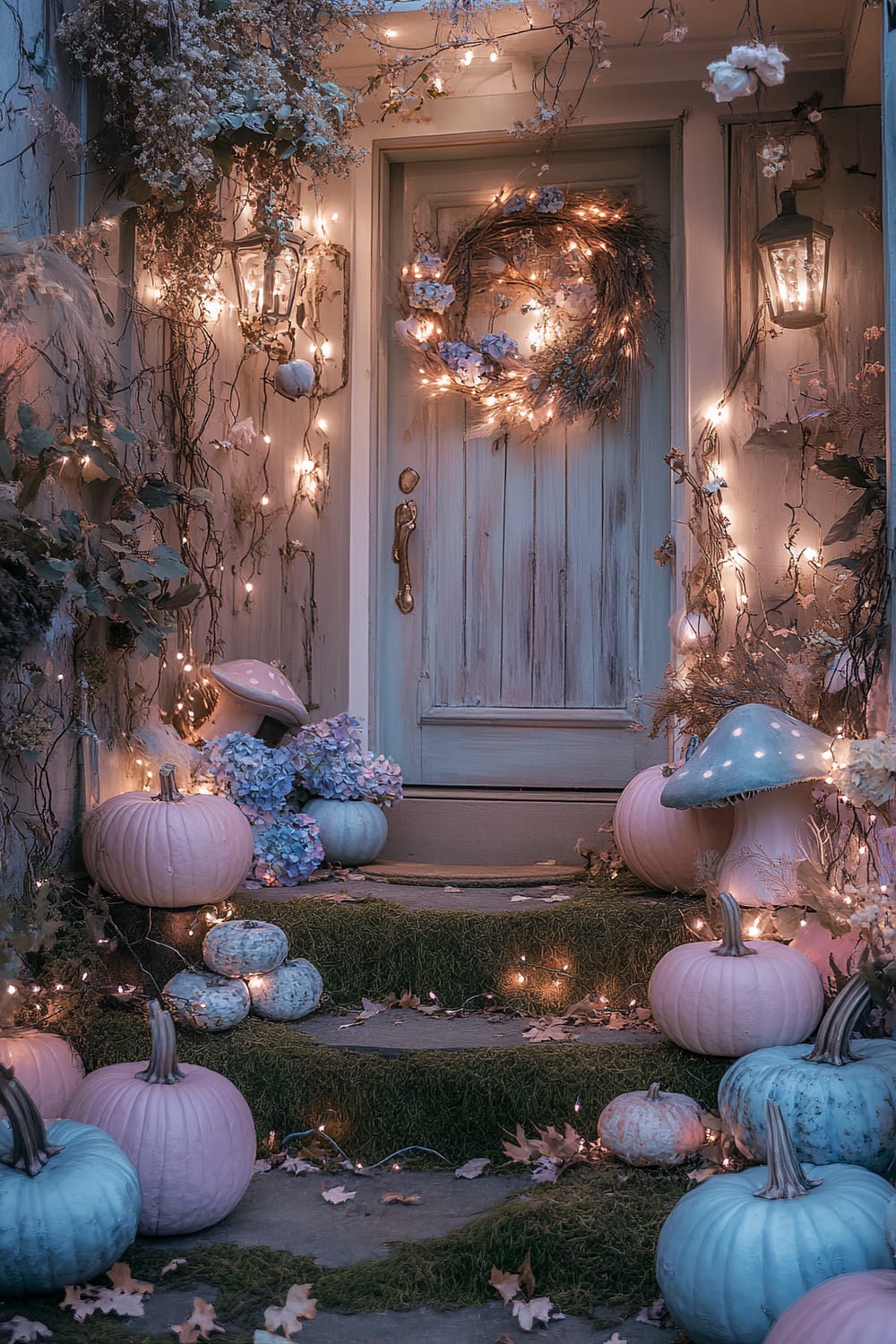 Enchanting front porch adorned with pastel-colored pumpkins, light blue and pink mushrooms, and twinkling fairy lights. The space features a rustic wooden door with a wreath illuminated by string lights, surrounded by thick foliage and hydrangeas in lavender hues. The steps are covered with moss, adding to the whimsical and magical ambiance.